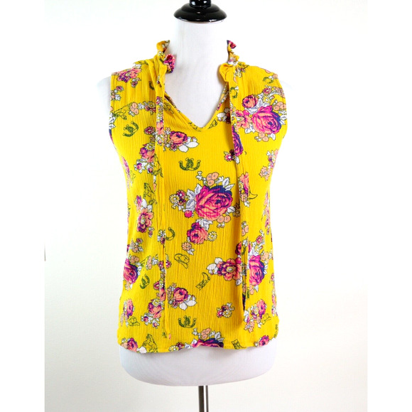 ModCloth Size S Like the Wind Tie-Neck Blouse Mustard Yellow Floral - Picture 8 of 10